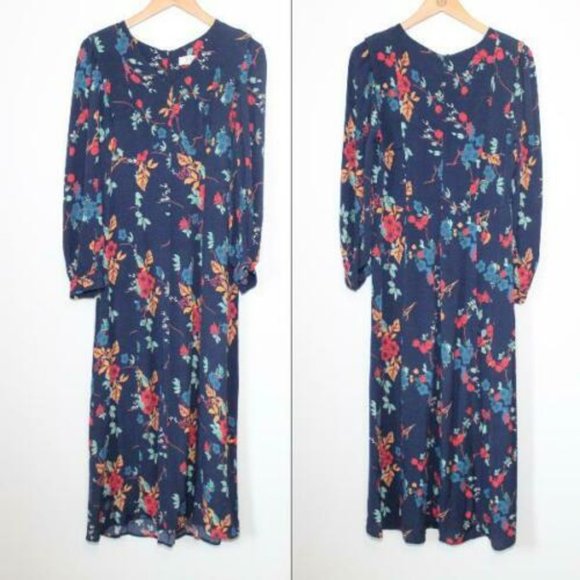 SEA New York Mari Floral Midi Dress Navy Blue V-Neck Long Sleeve Size 6 H12689 - Picture 8 of 10